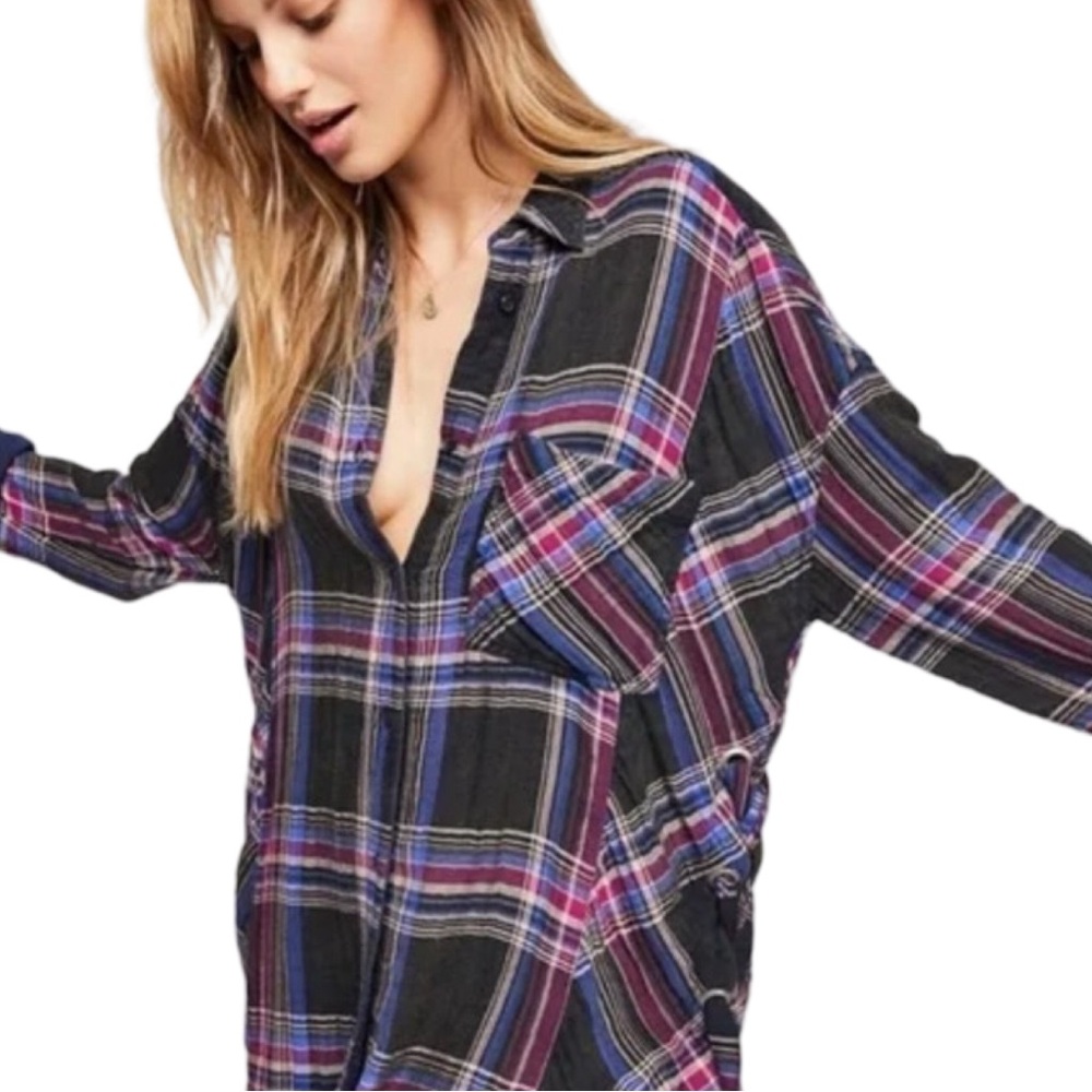 FREE PEOPLE Nordic Nights Plaid Flannel Shirt, Size XS Relaxed Oversized Fit